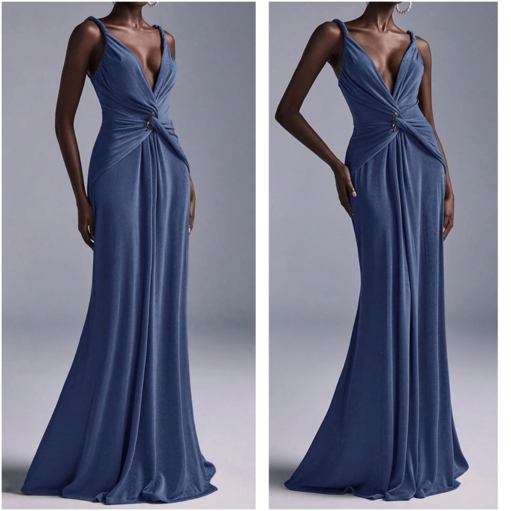 Solid Plunging Neck Twist Detail Party Evening Formal Wedding Dress - Picture 2 of 9
